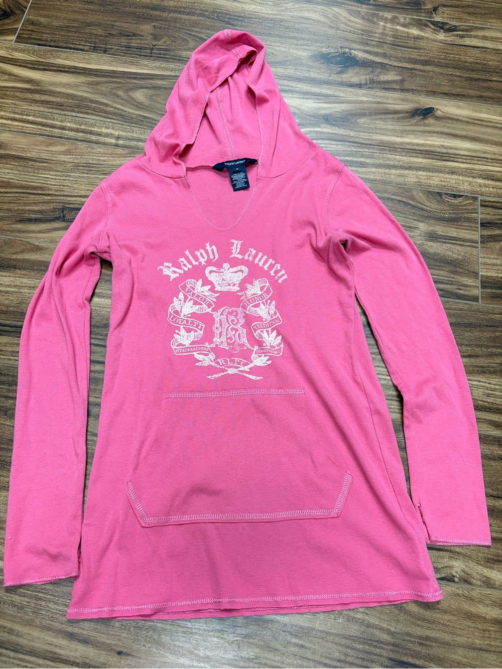 Ralph Lauren lightweight hooded sweatshirt with a V-neckline, front pocket, and